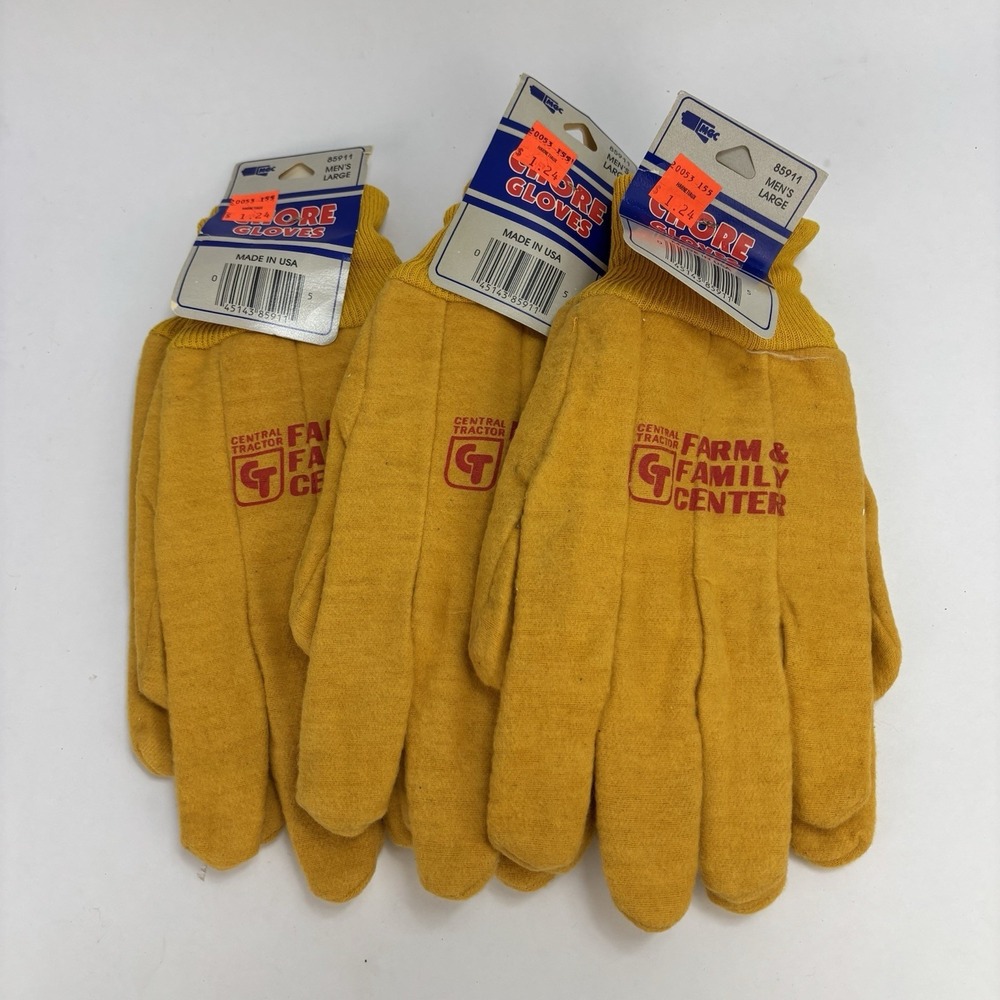 VTG (3) Central Tractor Chore Work Gloves Farming Hands Yellow Cotton MGS Large